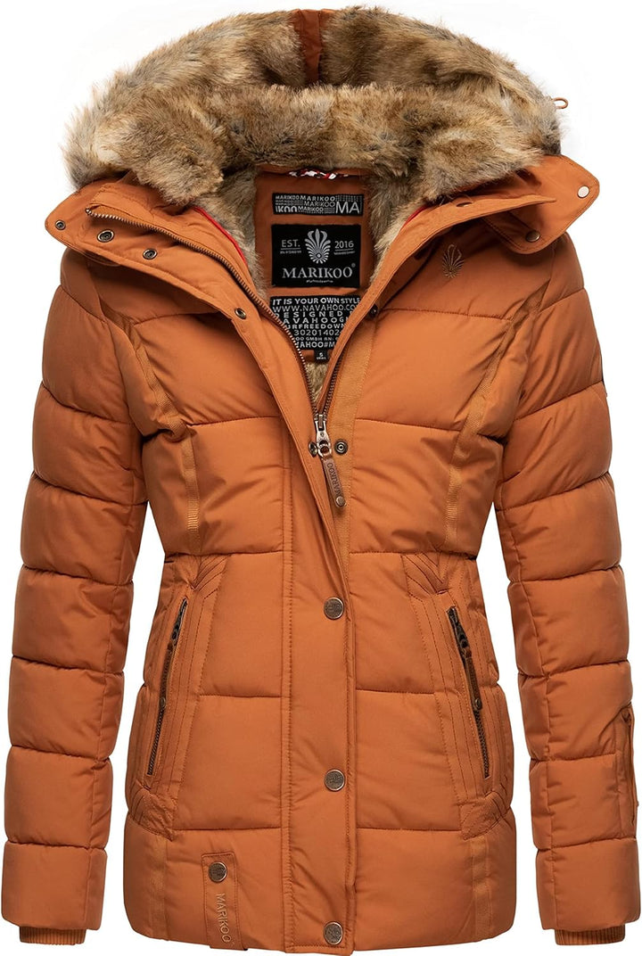MARIKOO Damen Winterjacke warme Steppjacke mit Kunstfell Innenfutter Nekoo XS-3XL S Rusty Cinnamon,