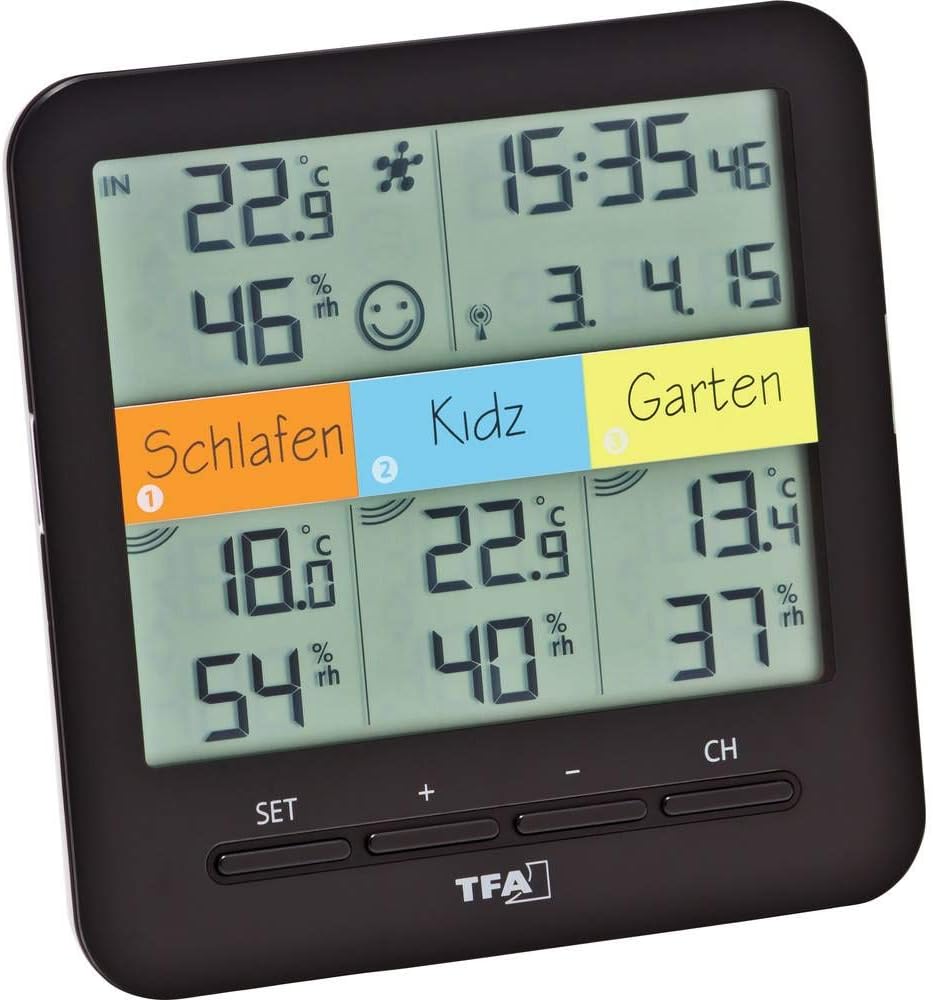 TFA Dostmann Klima Home Hygro-Station 30.3060.01 Funk-Thermo-Hygrometer mit 3 Sendern, Kunststoff, S