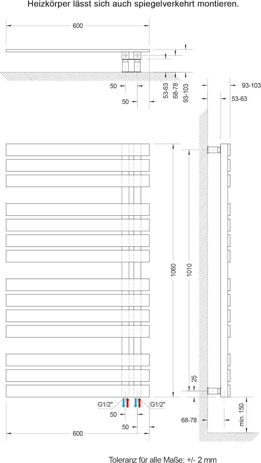 Schulte H02410660 Badheizkörper Breda, 106 x 60 cm, 556 Watt Leistung, Anschluss unten, anthrazit, H