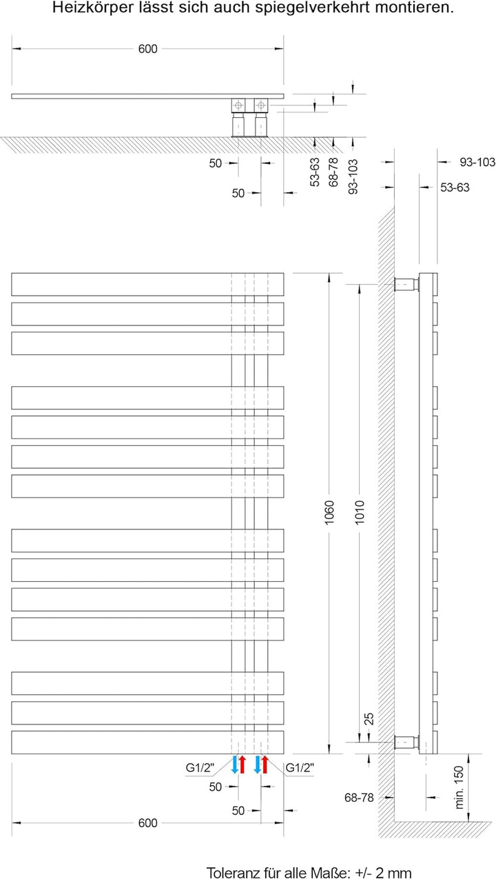 Schulte H02410660 Badheizkörper Breda, 106 x 60 cm, 556 Watt Leistung, Anschluss unten, anthrazit, H