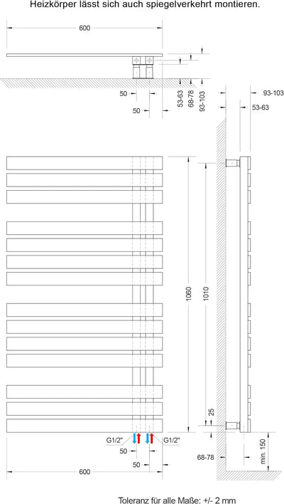 Schulte H02410660 Badheizkörper Breda, 106 x 60 cm, 556 Watt Leistung, Anschluss unten, anthrazit, H