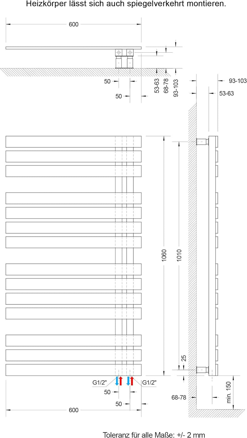 Schulte H02410660 Badheizkörper Breda, 106 x 60 cm, 556 Watt Leistung, Anschluss unten, anthrazit, H