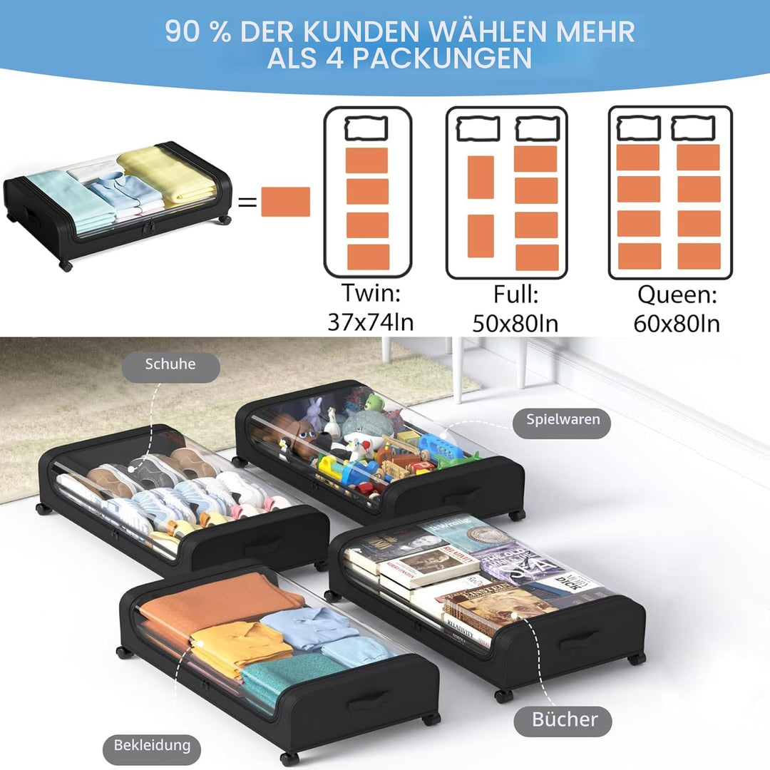 Unterbett Aufbewahrungsbox 2 Stück Unterbettkommode mit Rollen Deckel 48L Metallrahmen Bettkasten Or