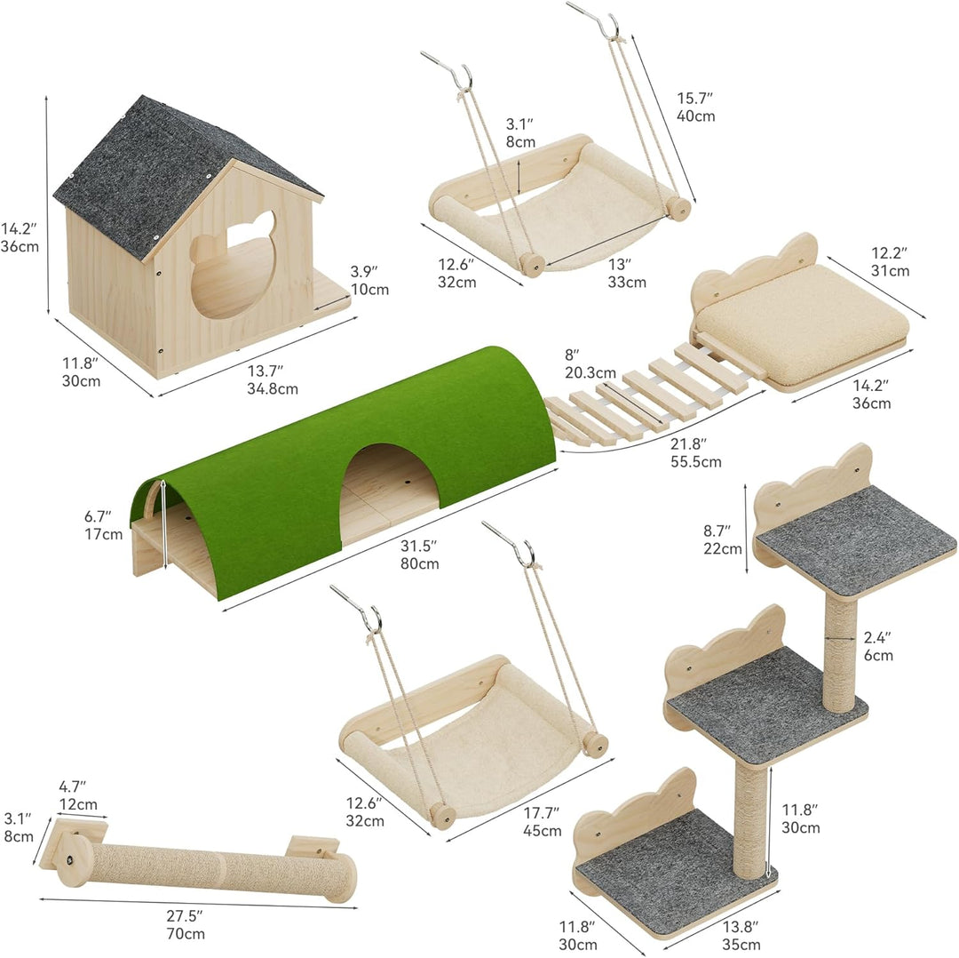 YITAHOME Katzenkletterwand-Set, Stabiler Holz Katzenmöbel, 7-Teilig Katzen Wandelemente mit Katzenha