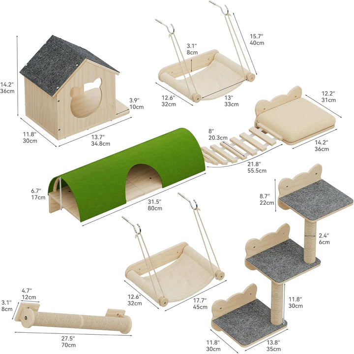 YITAHOME Katzenkletterwand-Set, Stabiler Holz Katzenmöbel, 7-Teilig Katzen Wandelemente mit Katzenha