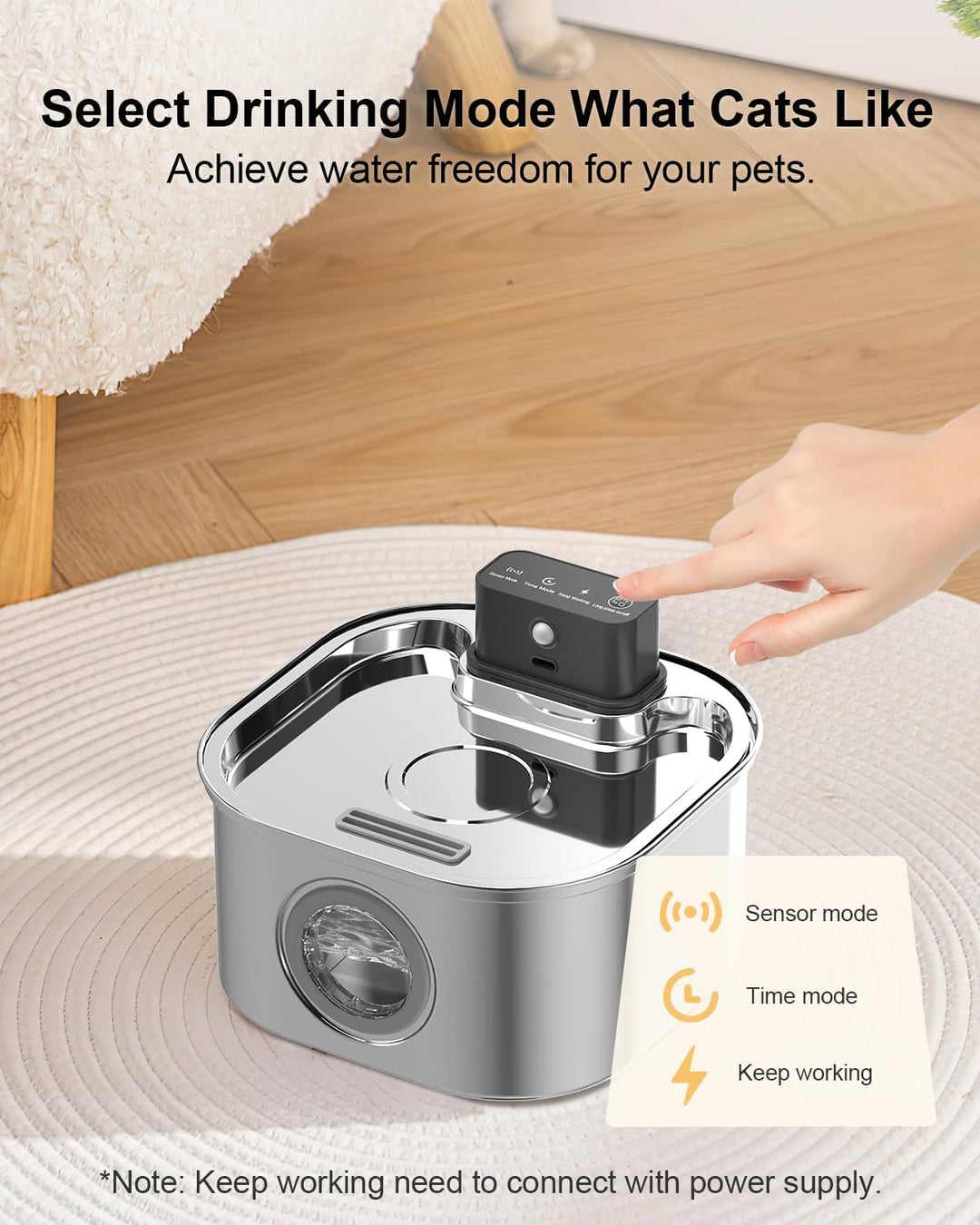 Katzenbrunnen Kabellos mit Bewegungsmelder- 3.2L Trinkbrunnen für Katze Edelstahl, 4200 mAh Leiser W