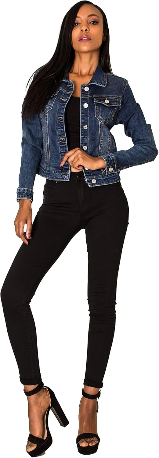 Nina Carter S338 Damen Jeansjacke Übergangsjacke Leichte Waschungseffekt Jacke Blau Denim Casual, Du