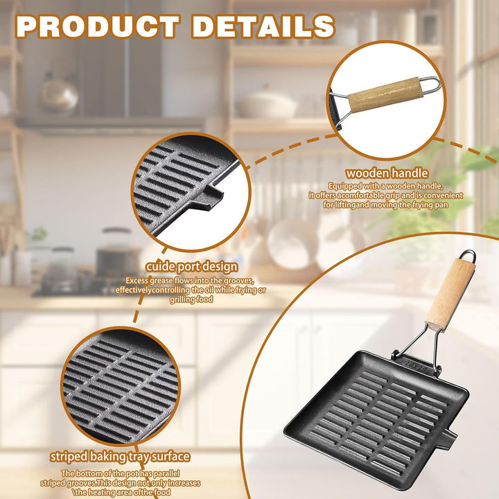 Steakpfanne Gusseisen 28X28cm, Grillpfanne Induktion mit Klappbarem Holzgriff, Viereckige Grillplatt