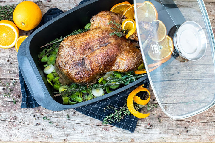 ELO Alucast Bräter 22cm mit Glasdeckel und Aromaknopf, ELODUR® Select Antihaftversiegelung, backofen