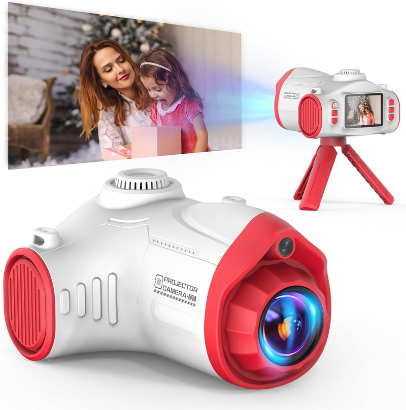 Ukuu Kinderkamera Beamer, 2-in-1 Digitalkamera und Projektor mit Stativ 32G TF-Karte und 2500mAh Akk