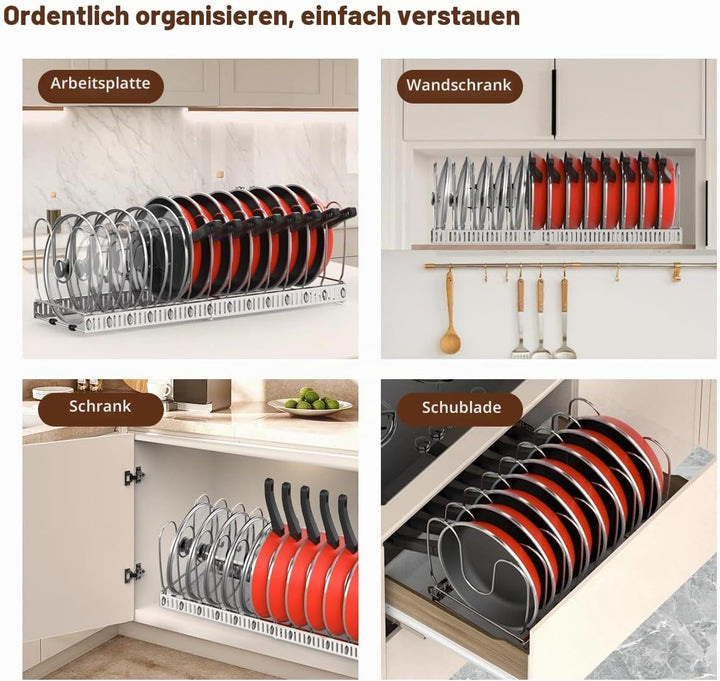 Housolution Pfannenhalter für Schublade, Erweiterbarer Topfdeckelhalter mit 14 Verstellbaren Teiler,