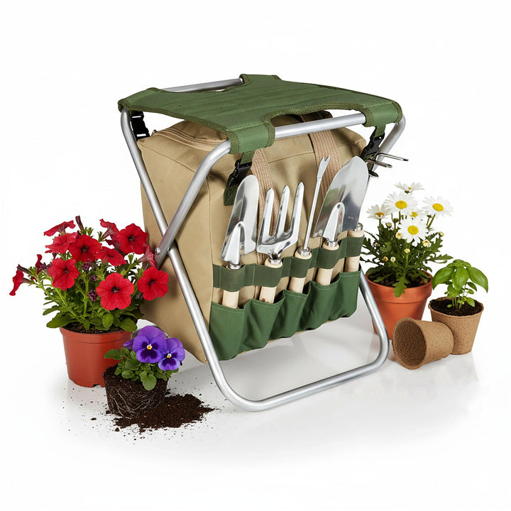 Picnic TIME ONIVA - a Brand Gardener 5-Piece Garden Tool Set with Tote and Folding Seat Olivgrün mit
