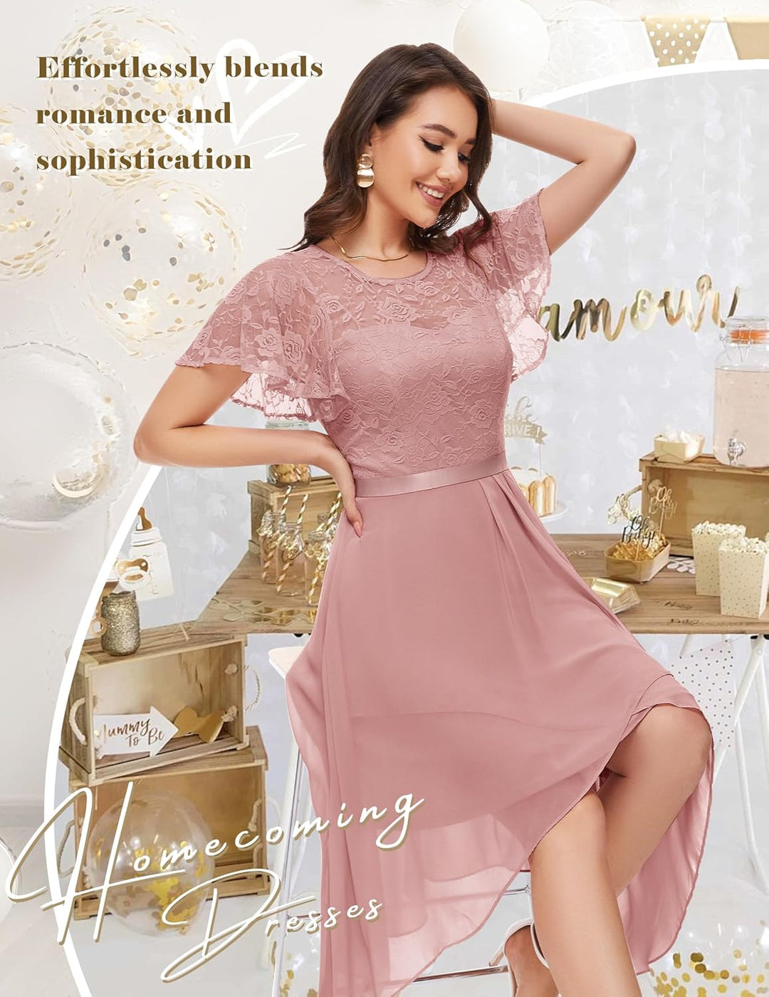 Wedtrend Abendkleid Damen Elegant für Hochzeit High Low Cocktailkleid Chiffonkleid mit Spitzen A Lin