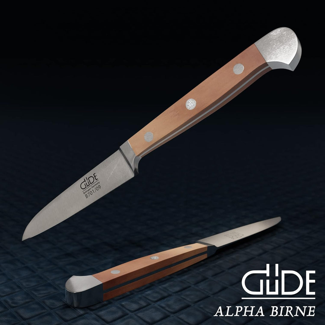 GÜDE Solingen - Gemüsemesser geschmiedet, 9 cm, Birnenholz, ALPHA BIRNE, Doppelkropf, Handmade Germa