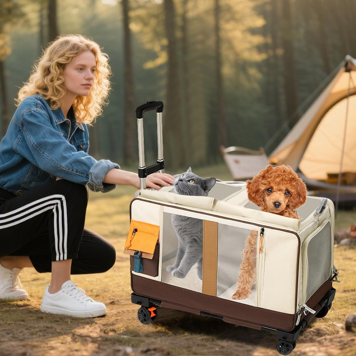 PETCUTE Haustier-Transporttasche mit Zwei Fächern und Abnehmbaren Rädern,Atmungsaktiv,Katzentrage fü