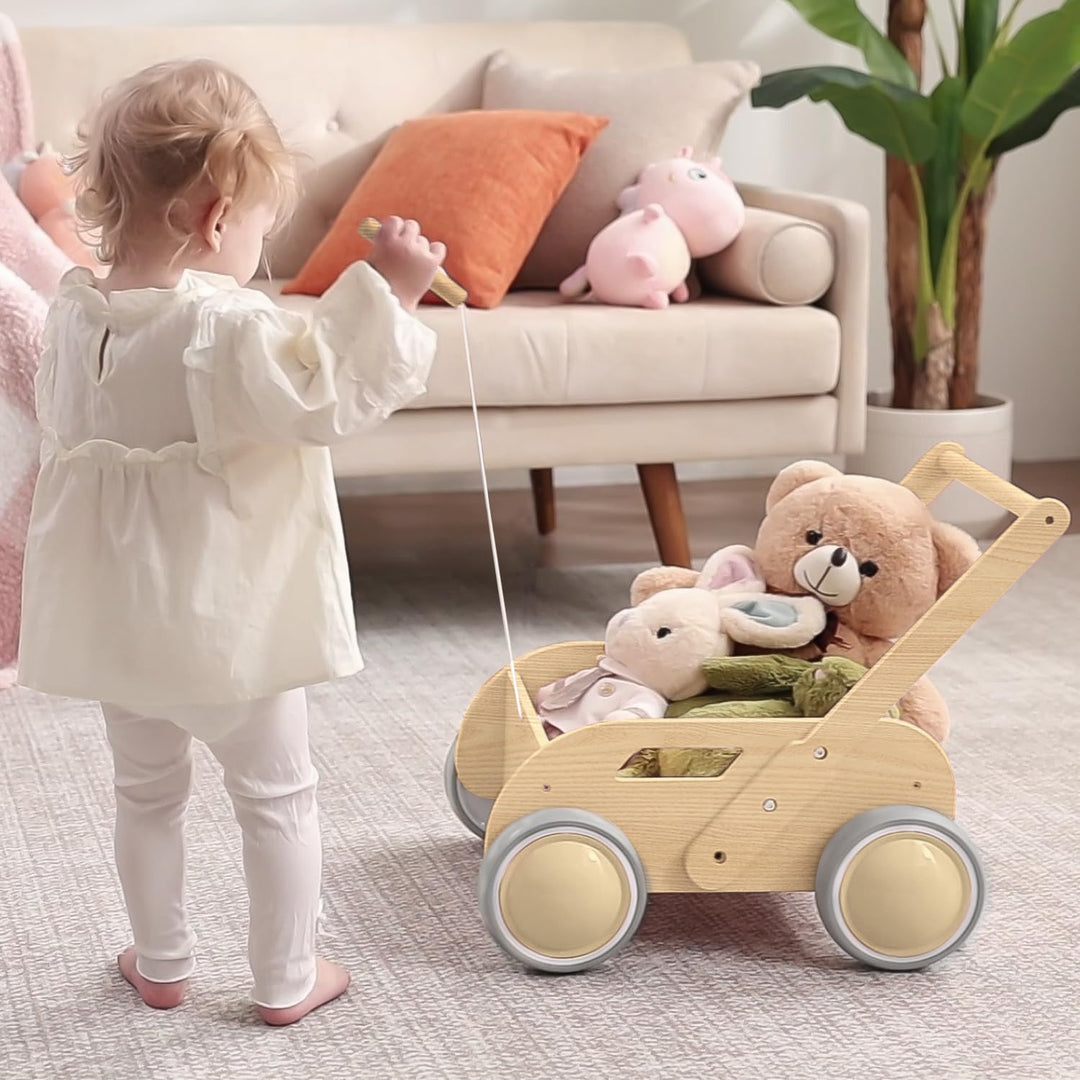 Lauflernwagen Holz, Baby Lauflernhilfe für Junge und Mädchen, Toddler Push &amp; Pull Lauflernspielzeug,