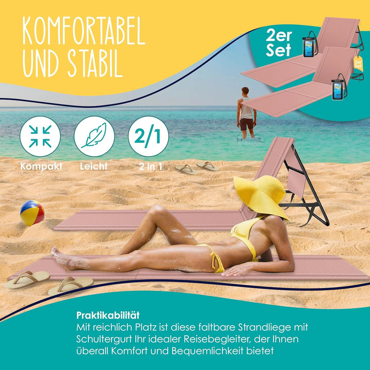 KESSER® 2er Set Strandmatte klappbar mit Verstellbarer Rückenlehne, Tragegurt, wasserdichter Tasche