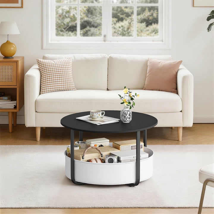 WOLTU Runder Couchtisch Ø 80 x H 50 cm, Nachttisch mit Aufbewahrungskorb, aus PB-Platte + Metall + S