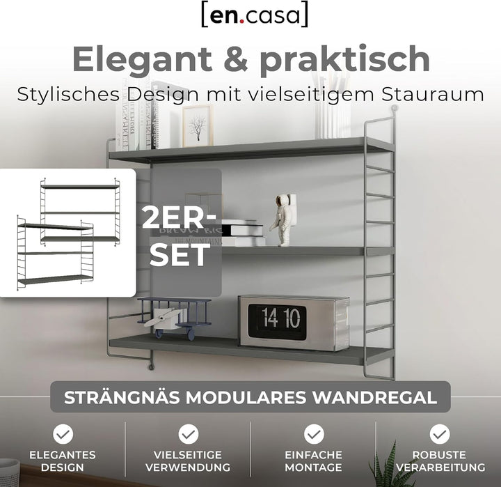 [en.casa] Modulares Wandregal Strängnäs 2er Set Metallregal Anthrazitgrau Hängeregal mit 3 Regalböde