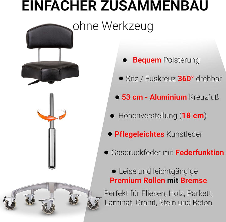 Rollhocker bis 160 kg - Ergonomisch geformter Sitz mit Bremse und Lehne - Drehhocker (Premium Rollen
