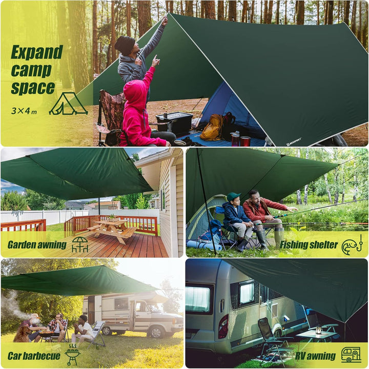Bessport Zeltplane, Camping Zelt Tarp 3m x 3m/3m x 4m Wasserdicht PU3000 mm Tarp für Hängematte, mit