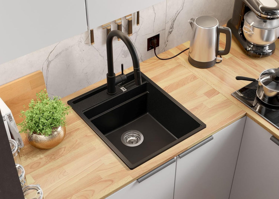Spülbecken Schwarz 43x53 cm, Granitspüle 1 Becken + Ablauf-Set + Küchenarmatur, Küchenspüle ab 45er