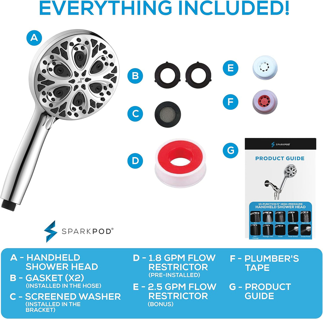 Sparkpod 10-Setting High Pressure Shower Head - Luxury 5" High Flow Hand Held Shower Head with High