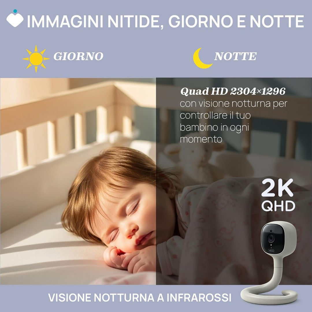 Chicco Video-Babyphone Wi-Fi Smart AI, 2K UHD Kamera mit Infrarot-Nachtsicht, dedizierte App, mehrfa