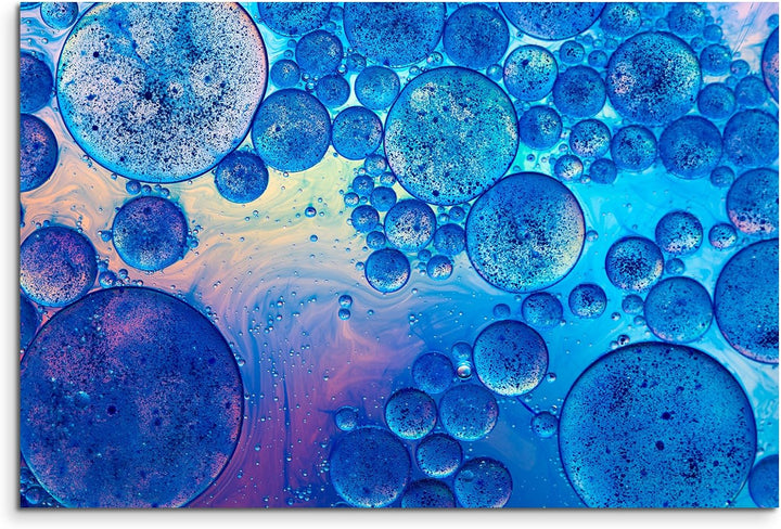 Paul Sinus Art XXL Fotoleinwand 120x80cm Künstlerische Fotografie – Blaue Öltropfen auf Leinwand Exk