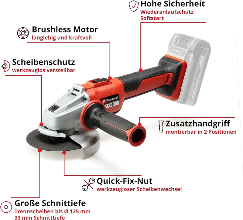 Einhell Akku-Winkelschleifer AXXIO 18/125 Q Li-Solo Power X-Change (18 V, 125 mm Scheibendurchmesser