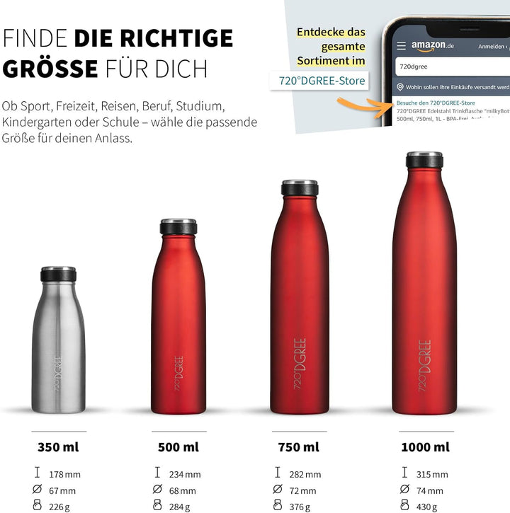 720°DGREE Edelstahl Trinkflasche “milkyBottle” - 750ml - BPA-Frei, Auslaufsicher, Kohlensäure geeign