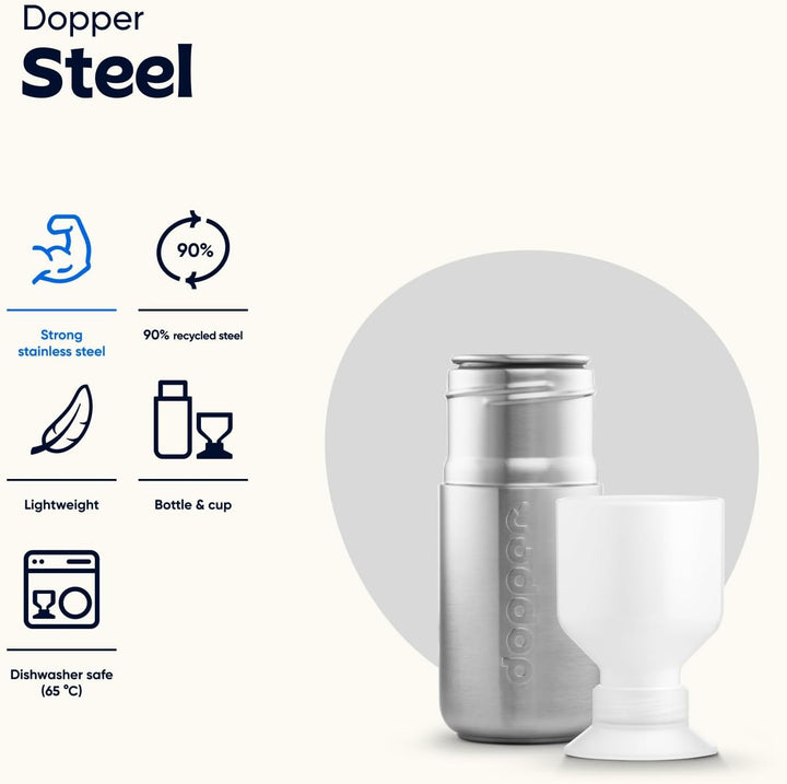 Dopper Steel Trinkflasche 350ml, 490ml, 800ml, 1.1L - Edelstahl Flasche - BPA freie Wasserflasche, 1