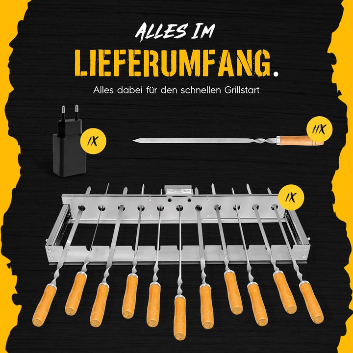 Elektrischer Spiessdreher BBQ Rotisserie Set mit regulierbaren Motor – Edelstahl Grillaufsatz für Ga