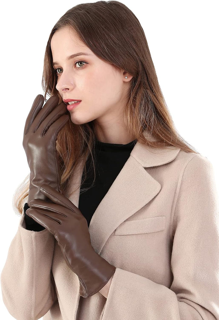 Ymmchy Touchscreen Handschuhe für Damen Warme Lederhandschuhe Gefüttert Winter SMS-Handschuhe Braun