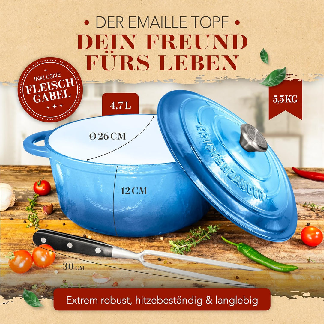 KRUSTENZAUBER Gusseisen Topf [inkl. Fleischgabel] - Hochwertiger 26cm Schmortopf backofengeeignet -