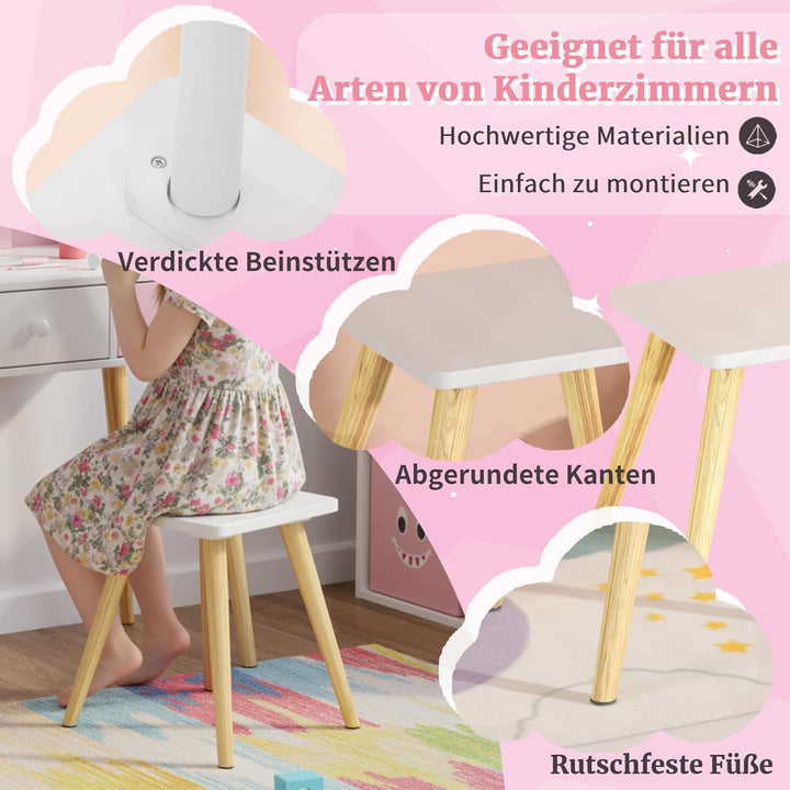 Clevich 2 in 1 Schminktisch Kinder Set, Prinzessin Frisiertisch mit Abnehmbarem Spiegel, 2 Schublade