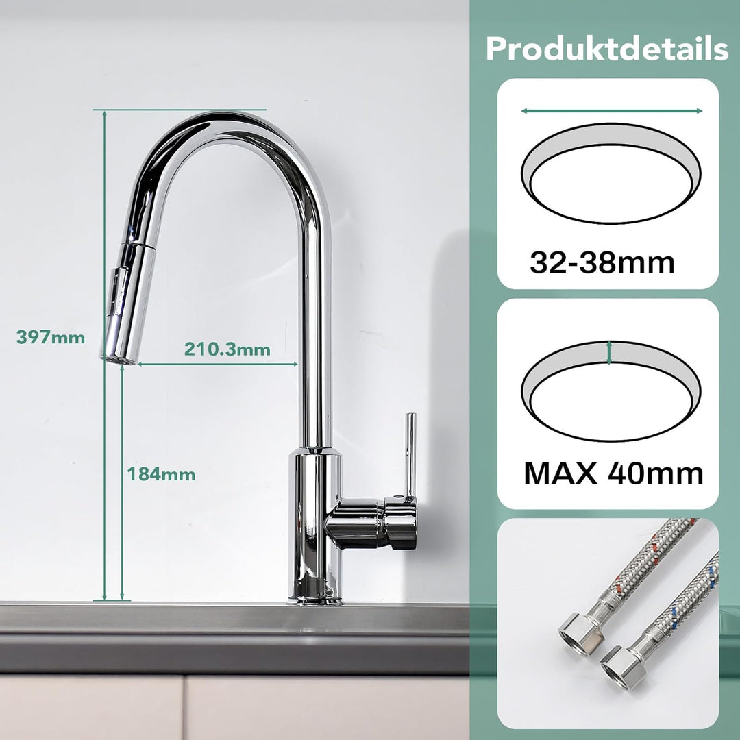 Wasserhahn Küche Küchenarmatur mit ausziehbarer Brause Spültischarmatur, ausziehbarer Wasserhahn, 36