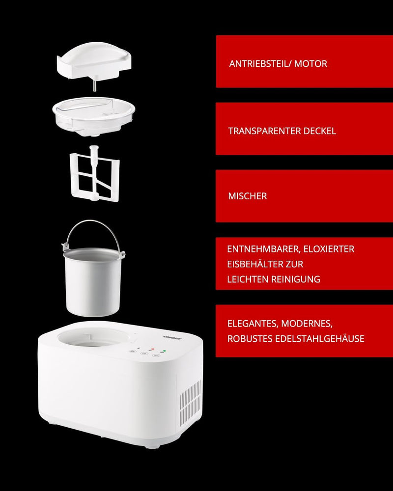 Unold 48920 Eismaschine Snow inkl. Eisbuch mit 101 Rezepten | Speiseeisbereiter 1 L, vollautomatisch