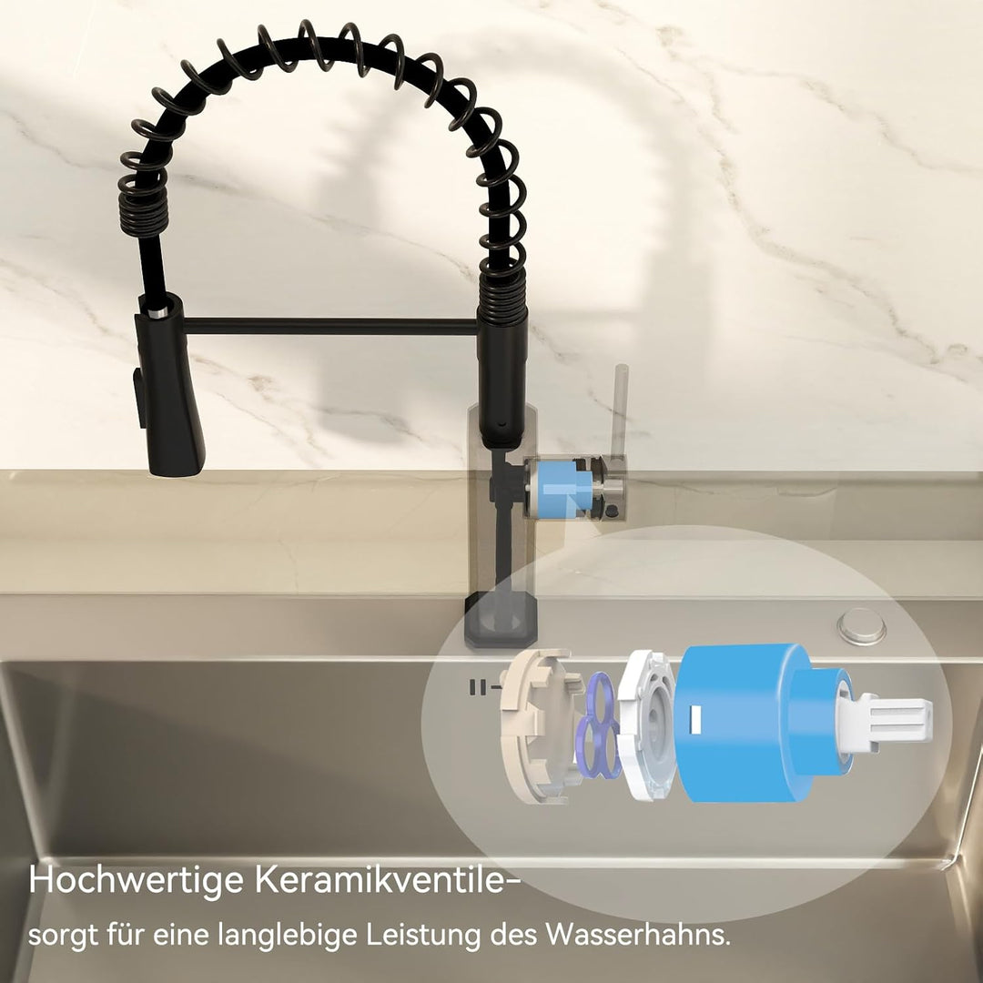 Wasserhahn Küche Schwarz, SEMANEY Hochdruck Küchenarmatur Ausziehbar, Armatur Küche mit Brause 2 Str