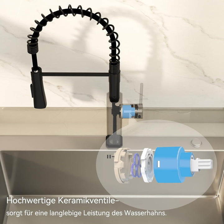 Wasserhahn Küche Schwarz, SEMANEY Hochdruck Küchenarmatur Ausziehbar, Armatur Küche mit Brause 2 Str