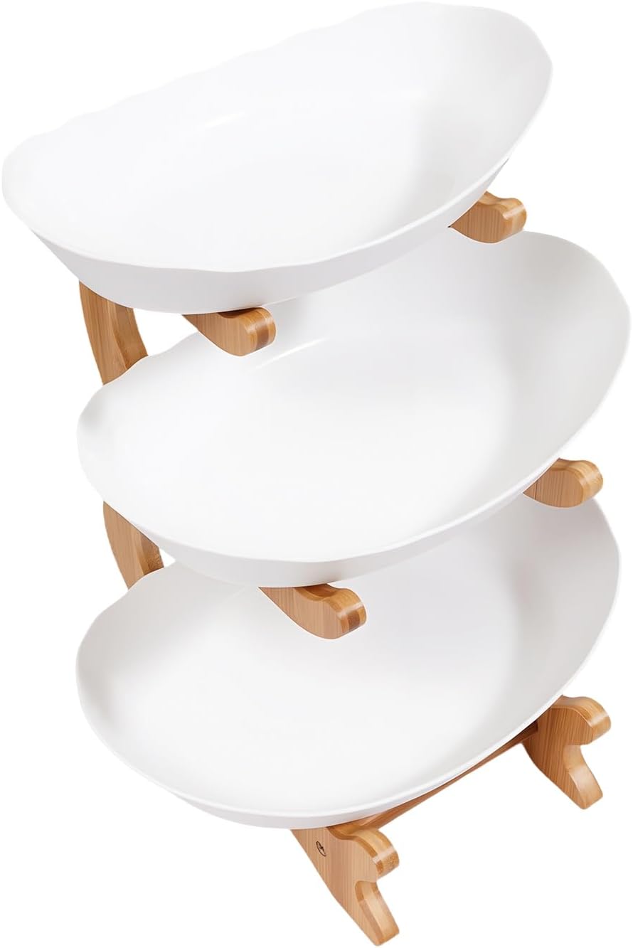 Fyssnn Obst Etagere 3 Stöckig Obstschale mit Bambusholzständer 3-Tier Servierschalen mit Ständer Gee