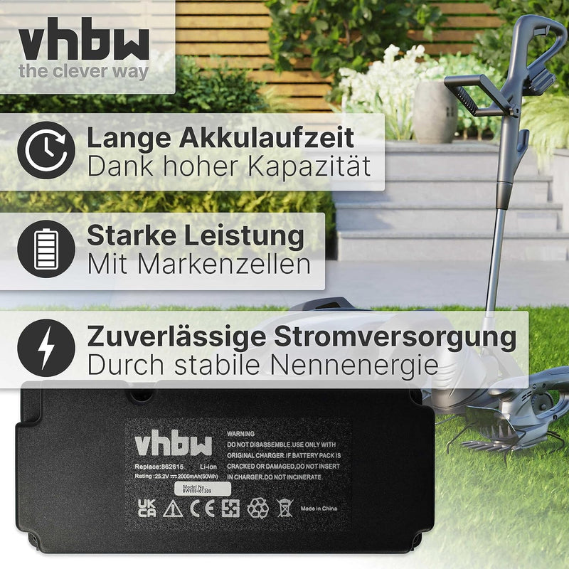 vhbw Akku kompatibel mit Garden Feelings R800Easy Rasenmäher Rasenroboter (2000mAh, 25,2V, Li-Ion)