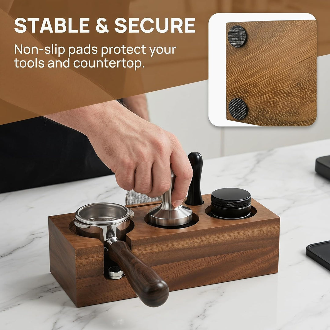 Tamperstation 58mm Espresso Tamping Station aus Walnussholz Multifunktionale Tamper Station für Sieb