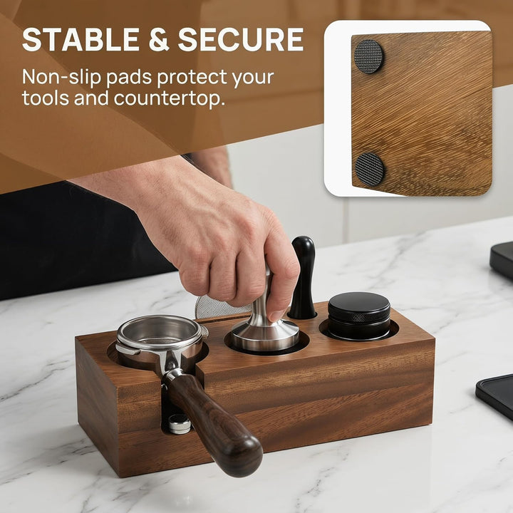 Tamperstation 58mm Espresso Tamping Station aus Walnussholz Multifunktionale Tamper Station für Sieb