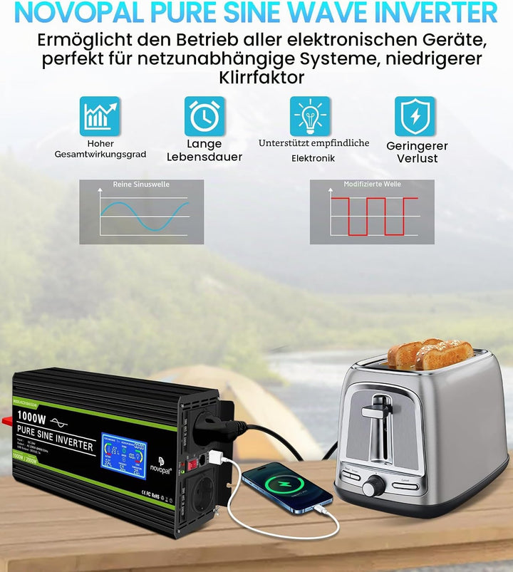NOVOPAL 3000W Reiner Sinus Wechselrichter -Spannungswandler 24v auf 230v mit LCD Display Fehlercodes