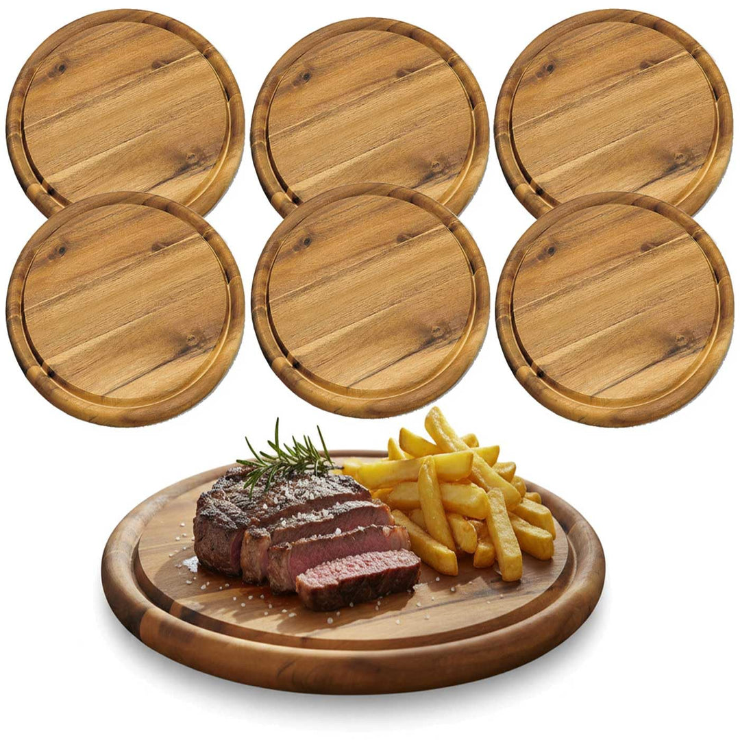 LS-LebenStil 6x Holz Fleischteller 25cm Rund FSC Akazie - Set - 6 Stück - Schneidebrett mit Saftrill