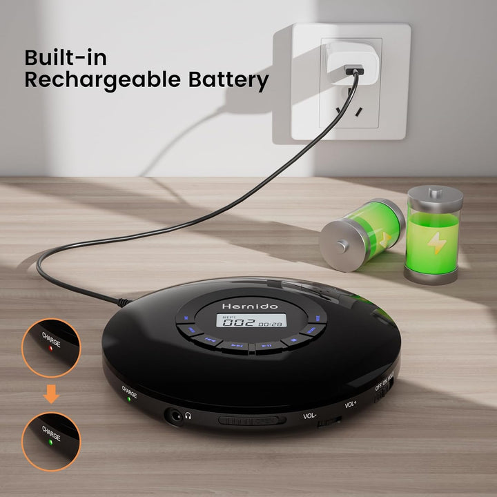 Hernido Tragbarer CD-Player mit Kopfhörer, CD-Player mit wiederaufladbarem Akku, Kompakter CD-Walkma