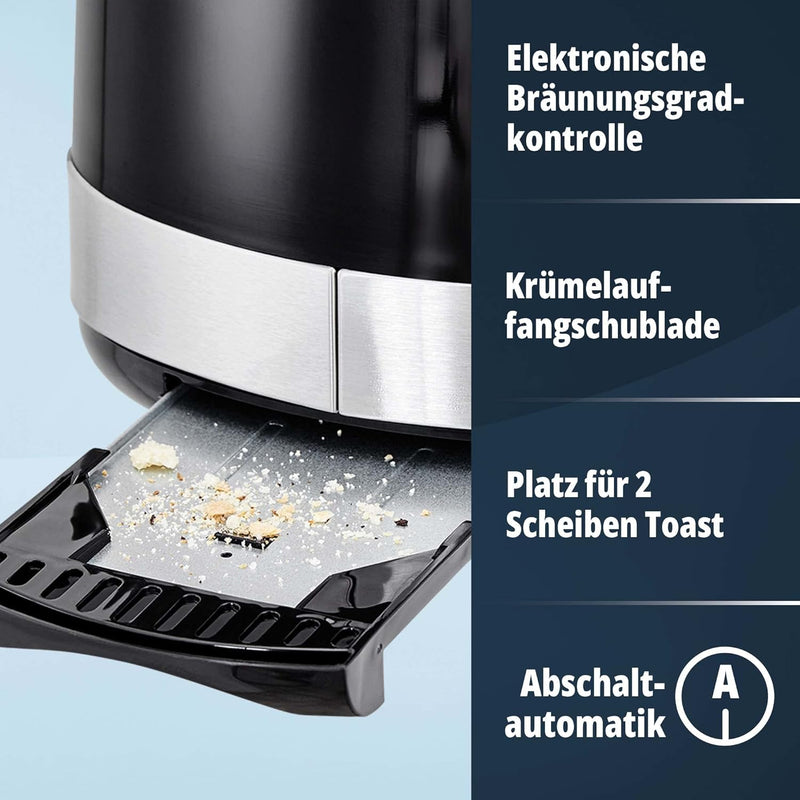 KHG Toaster TO-857 WE2 | Toaster 2 Scheiben Edelstahl Schwarz 850 W | mit Brötchenaufsatz, 7 Bräunun