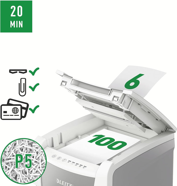 Leitz IQ Autofeed Small Office, Automatischer Aktenvernichter, Mikroschnitt P5, 100 Blatt, 34l-Abfal