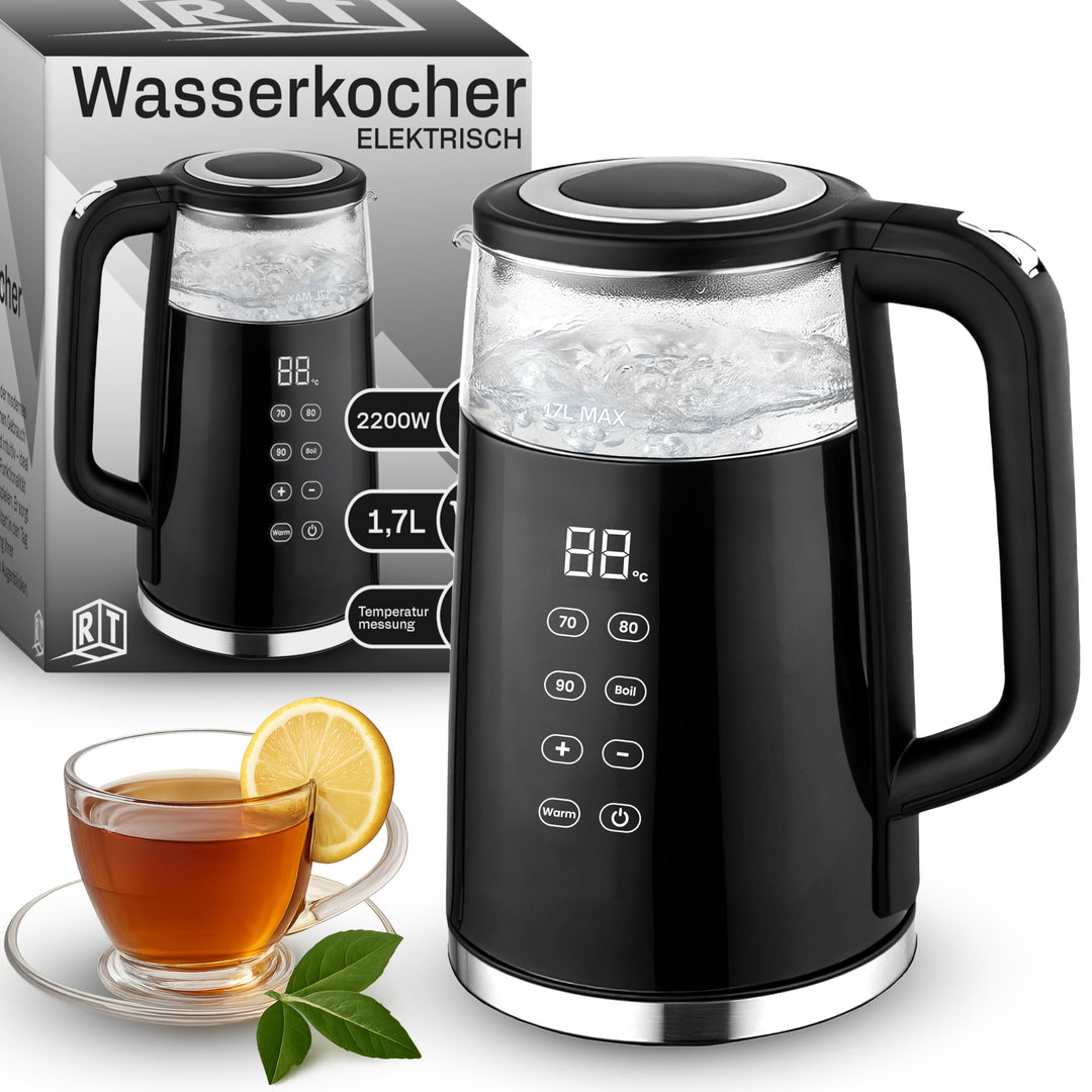 Retoo Glas Wasserkocher 1.7L mit Temperatureinstellung Elektrisch, 2200W, BPA-frei, 70–100°C, Touch-